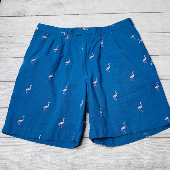 J. McLaughlin Men’s Shorts Blue Pink Flamingos Embroidered Size 36 - Picture 1 of 5